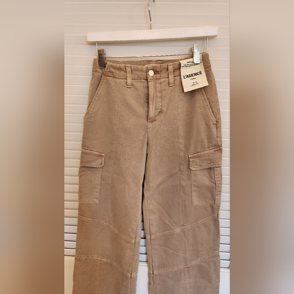 NEW L'AGENCE brooklyn high rise utility wide leg in tan denim pant - Picture 4 of 10